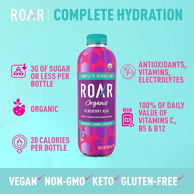 Roar Organic Electrolyte Infusions - USDA Organic - Blueberry Acai - with Antioxidants, B Vitamins, Low-Calorie, Low-Sugar, Low-Carb, Coconut Water Infused Beverage 18 Fl Oz (Pack of 12)