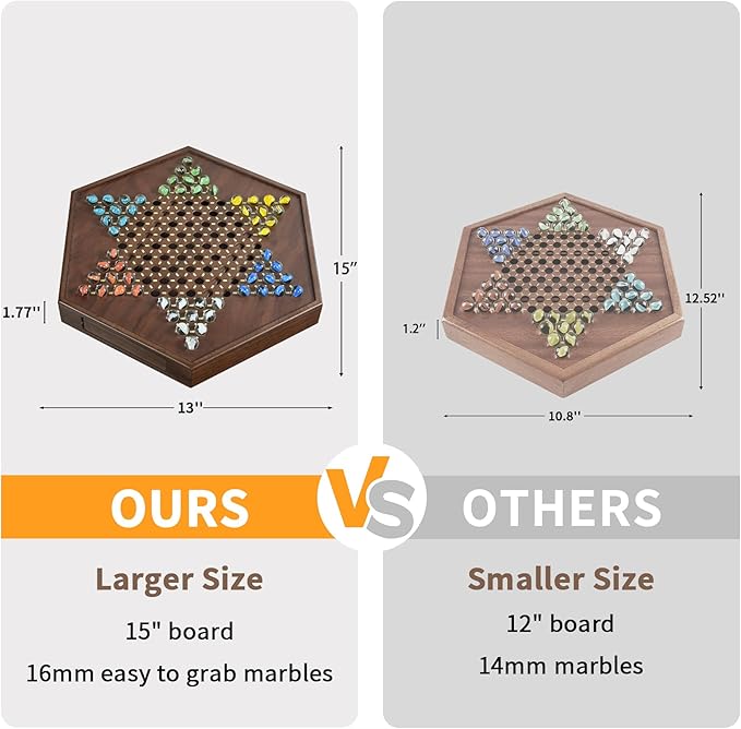 Chinese Checkers Set, 15 Inch Wooden Checkers Board Game with 60+12 Colorful Glass Marbles Fun Family Chinese Checkers Game for 2-6 Players