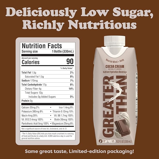 Greater Than Nutrient Hydration Beverage, Electrolyte Drink for Gut Health & Energy with Coconut Water, Vitamins, Gluten Free, Plant Based, Low Sugar, Cocoa Cream, 12 Pack