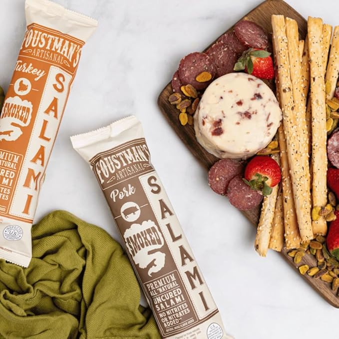 Foustman's Salami Turkey Smoked Artisanal, Nitrate-Free, Naturally Cured, Gluten-Free, Dairy-Free, No Pork, Turkey Deli Meat, 7 Oz Sticks