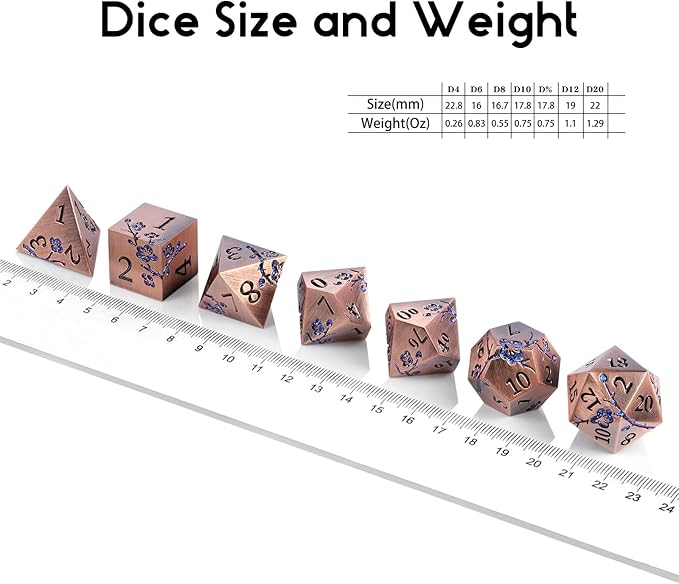 DNDND Metal Dice, 7 PCS Heavy Solid Metallic Flower DND Dice Set with Gorgeous Gift Case for D&D Dungeons and Dragon Tabletop Game (Ancient Copper)