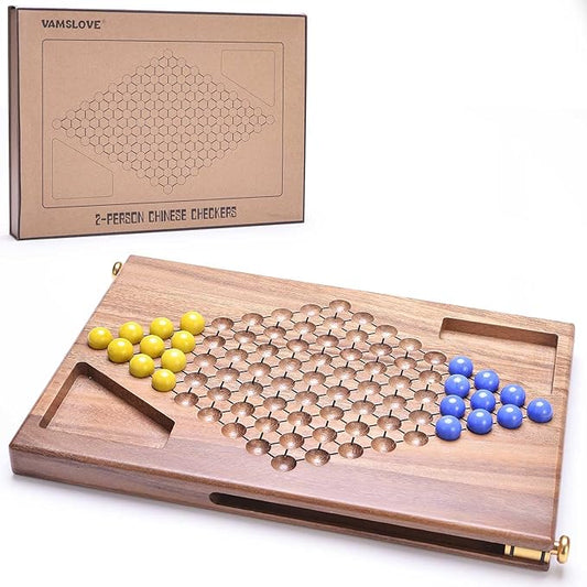 VAMSLOVE 12.5" Wooden Chinese Checkers Two Player Board Game - Chinese Checkerboard for 2 - w/Glass Marbles (16-Millimeter) - Games Instructions Included - Ideal Gift Home (Walnut Wood)
