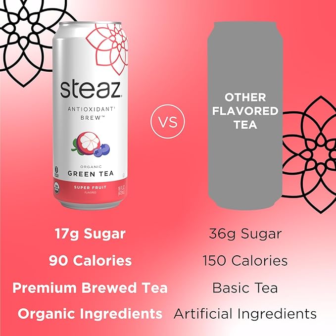 Steaz - Organic Green Tea - Superfruit (12 Pack) - Antioxidant Brew - 65mg Natural Caffeine, 90 Calories, Vitamin C - Cane Sugar Sweetened Iced Tea - Vegan, Fair Trade - 12 Cans, 16 fl oz (473mL)