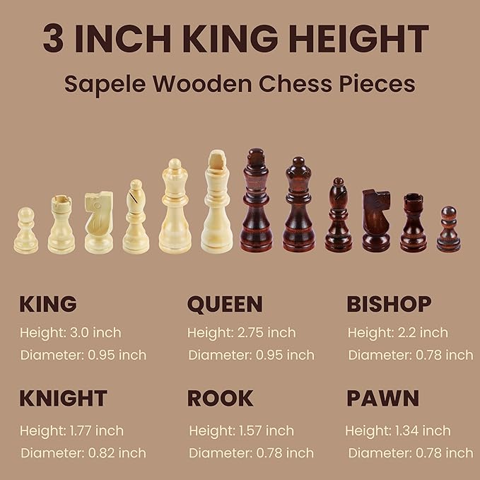AS Chess Board for Adult | Wooden Walnut Chess & Checkers Set - Chess Board Game | Foldable -15 Inch - 2 Extra Queens | Magnetic Chess Game with Storage Slot | Travel Unique Portable (Sapele 15 inch)