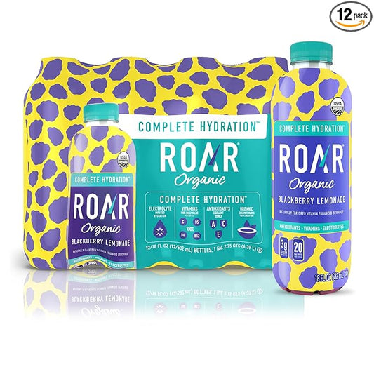 ROAR Complete Hydration Organic - Electrolyte Drinks Loaded with Vitamins C, B5, B12 - Non-GMO, Gluten-Free - Blackberry Lemonade - 12 pc