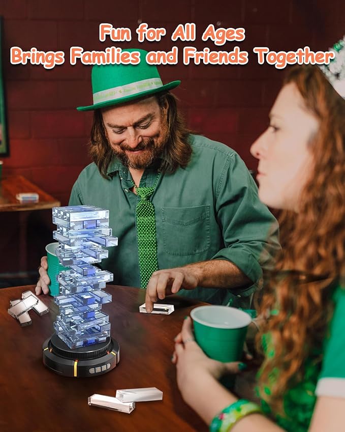 Glow in the Dark Tumbling Tower Game, Rotatable Base and Pickup Lights, Acrylic Blocks, Glowing RGB Stacking Game for Adult Kid, Indoor Board Game for Family Nights Party, Gift for Birthday Christmas