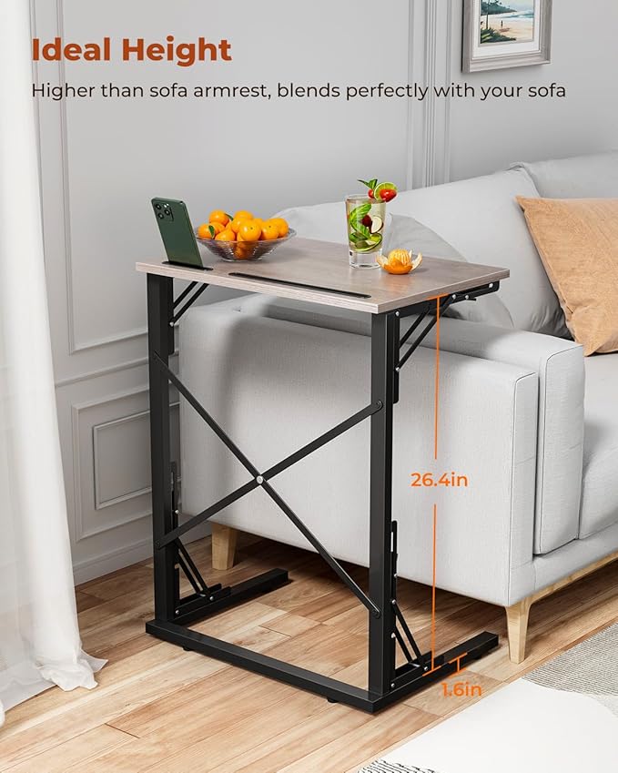 21''Wx28''H Folding TV Tray for Eating, Small Foldable C-Shaped Tray Table with Tablet and Phone Slots, Slide Under Couch Side Table for Recliner, Living Room, Bedroom, Greige