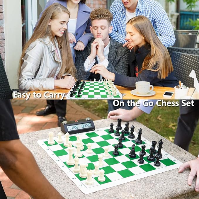 Travel Chess Set 20'' Silicone Chess Board-3.75'' King Height Plastic Chess Piece, Extra Queens & Storage Bag, 2 in 1 Portable Chess & Checker Board Games for Kids and Adults