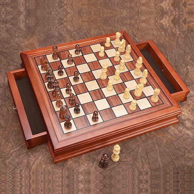 AMEROUS 12.8'' Magnetic Wooden Chess Set / 2 Built-in Storage Drawers / 2 Extra Queen/Gift Package/Chess Rules/Classics Strategy Board Games Chess Sets for Kids and Adults