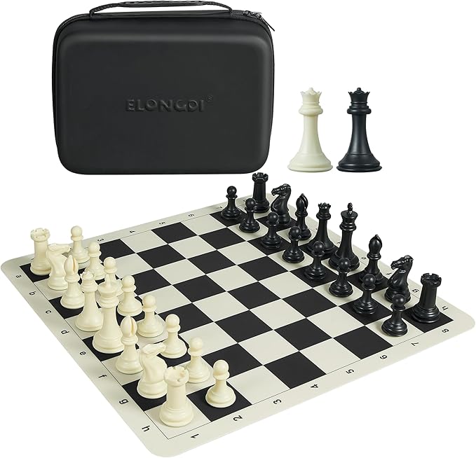 Tournament Chess Set with 20" Silicone Chess Board Mat - 4" King Plastic Weighted Staunton Pieces 2 Extra Queens - Portable EVA Carrying Case for Travel