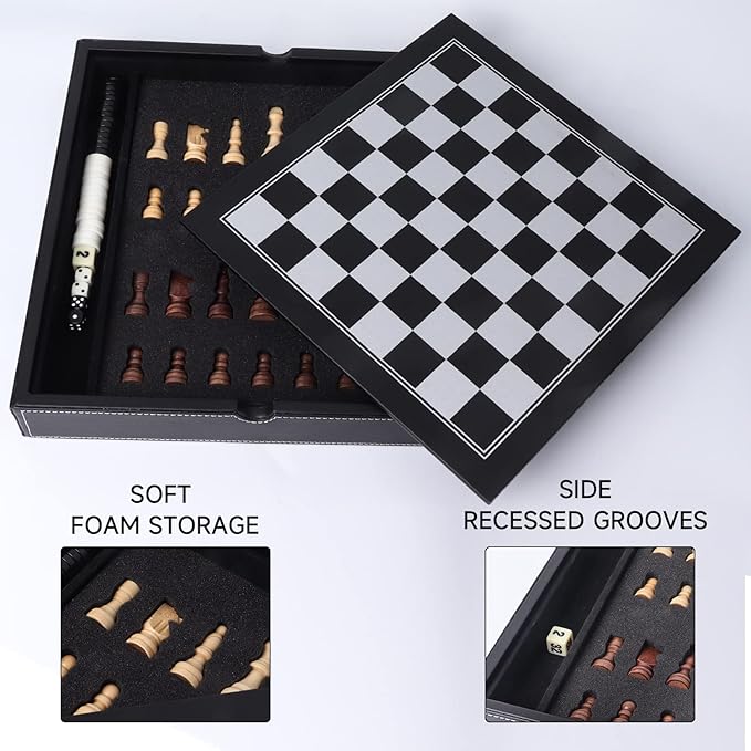 GSE Games & Sports Expert 12.5" Premium Leather 3-in-1 Chess, Checker and Backgammon Board Game Combo Set, Classic Board Strategy Game for Kids & Adults