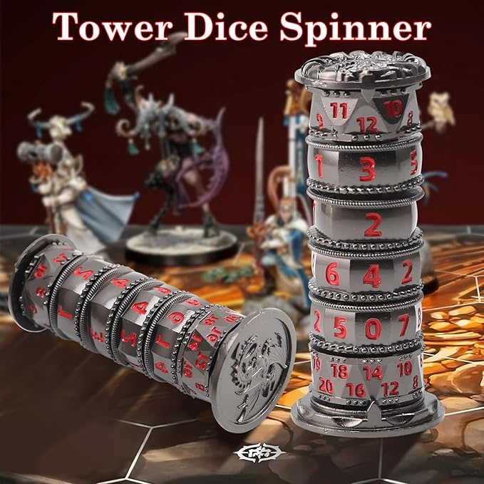 Pagoda Dice Spinner, 7 in 1 Metal Unique Roulette Dice for Sci-Fi, War, Crime Theme Tabletop Games