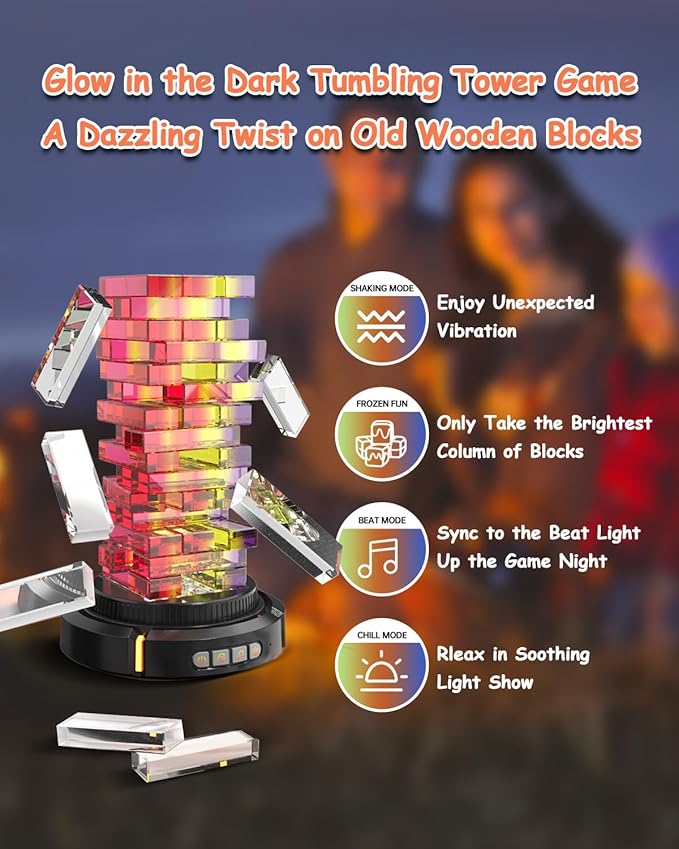Glow in the Dark Tumbling Tower Game, Rotatable Base and Pickup Lights, Acrylic Blocks, Glowing RGB Stacking Game for Adult Kid, Indoor Board Game for Family Nights Party, Gift for Birthday Christmas