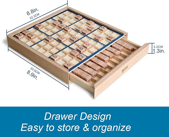 BOHS Wooden Sudoku Board Game with Drawer - with 100 Puzzles Sudoku Book for Adults - Brain Teaser Desktop Toys