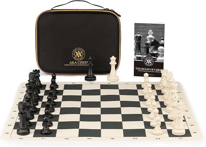 A&A Tournament Chess Set/ 20''x20'' Foldable Silicone Chess Board / 3.75'' King Height Plastic Quadruple Weighted Classic Staunton Pieces/Storage Bag for 6 Years Old - 2 Players
