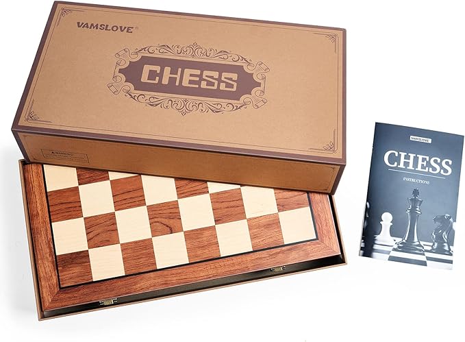VAMSLOVE Chess Set Large 16''/42cm Folding Wooden Board with Deluxe Weighted Acrylic Chess Pieces - 3.5" King with Storage Slots for Adults House Warming Retirement Gift