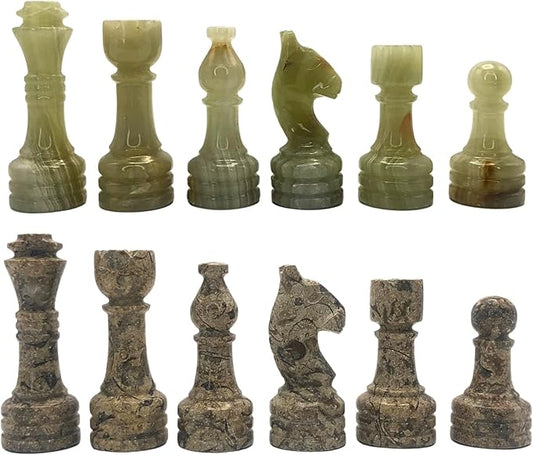 Handcrafted Premium Marble Chess Pieces Set – Elegant 32-Piece Replacement for 12-15 Inch Chess Boards Storage Box (Coral and Green)