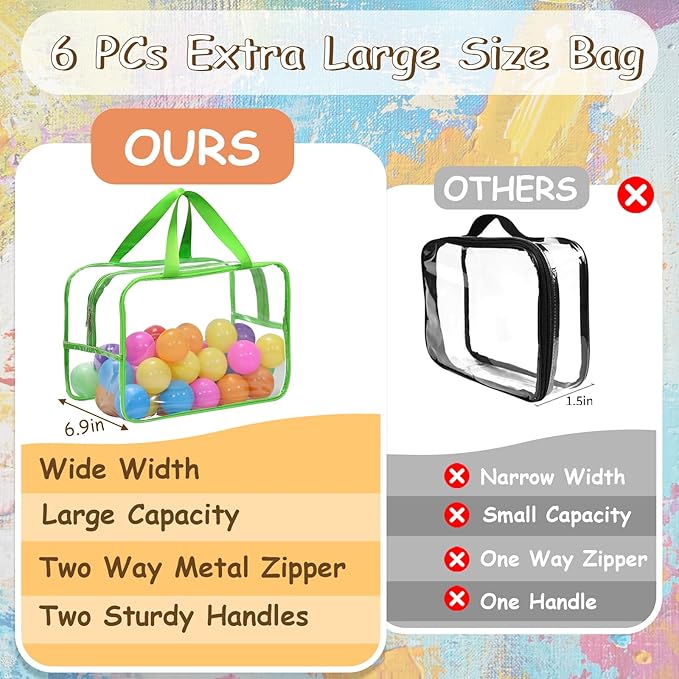 6 Packs Extra Large Toy Storage Bags, 12.6 * 9.25 * 6.9 IN Clear Colorful Waterproof Toy Organizer Bags with Labels, Dual Zippers and Portable Handheld Design, Board Game Storage for Building Blocks