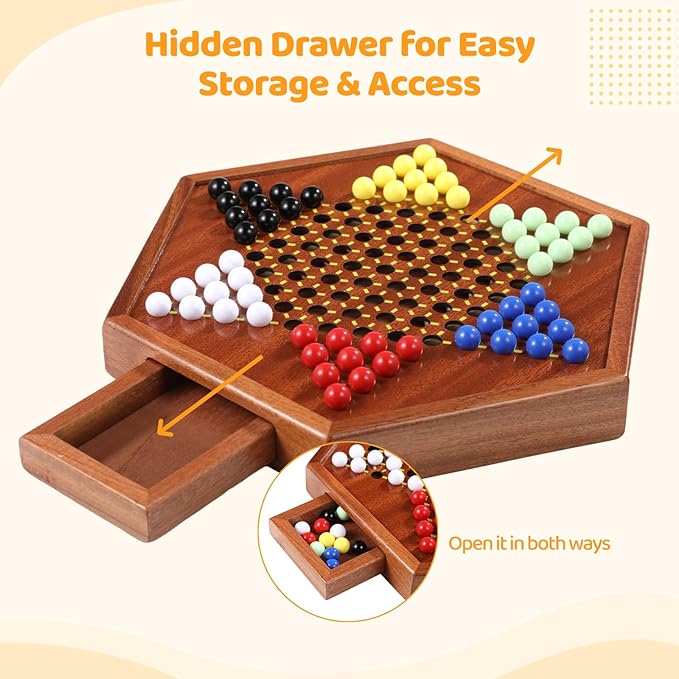 Chinese Checkers Board Game, 100% Natural Quality Wood 12-Inch Chinese Checker Board Game with 72 Marbles & Storage Drawer, Strategic Board Game Kit Birthday Gift