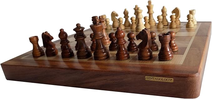 VINTAGOLOGY Acacia Wooden Folding Chess Board - Handcrafted Natural Finish, Ideal for Home Decor, Family Game Nights, Travel, and Collectors -12 inch