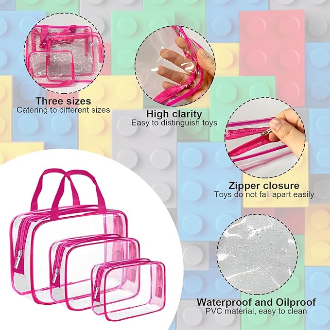 9 Packs Clear PVC Toy Storage Bags Toiletry Bags Waterproof Kids Zippered Toy Organizing Bags for Building Blocks Puzzle Stationery Rose