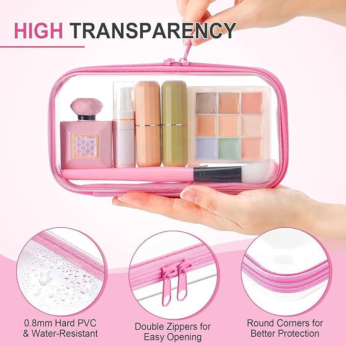 Hoolerry 4 Pcs Hard Clear Zipper Case Transparent Cases for Snacks Makeup Bag Plastic Storage Box Containers for Building Blocks, Puzzles, Cosmetics(Pink,7.5 x 3.9 x 2 in)