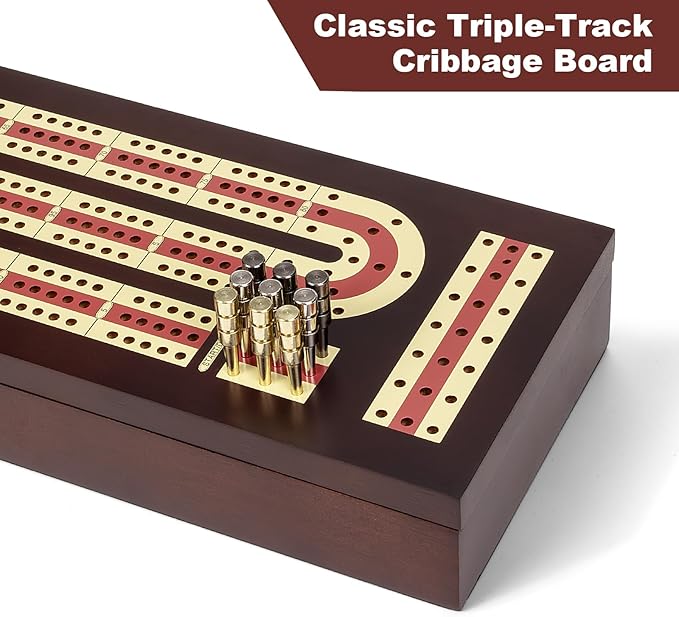 Cribbage Board Game Set, Premium Wooden Board with Magnetic Lock and Metal Pegs, 2 Playing Cards, and Large Storage - Travel-Friendly Continuous 3 Track Board