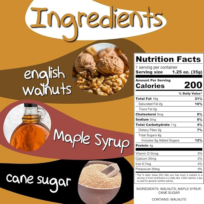 Crazy Go Nuts Walnuts Maple - Glazed Walnuts, Healthy Snacks, Vegan, Low Carb, Gluten Free, Superfood - Natural, Non-GMO, ALA, Omega 3 Fatty Acids, Good Fats, and Antioxidants - 1.25 Oz, 6-Pack