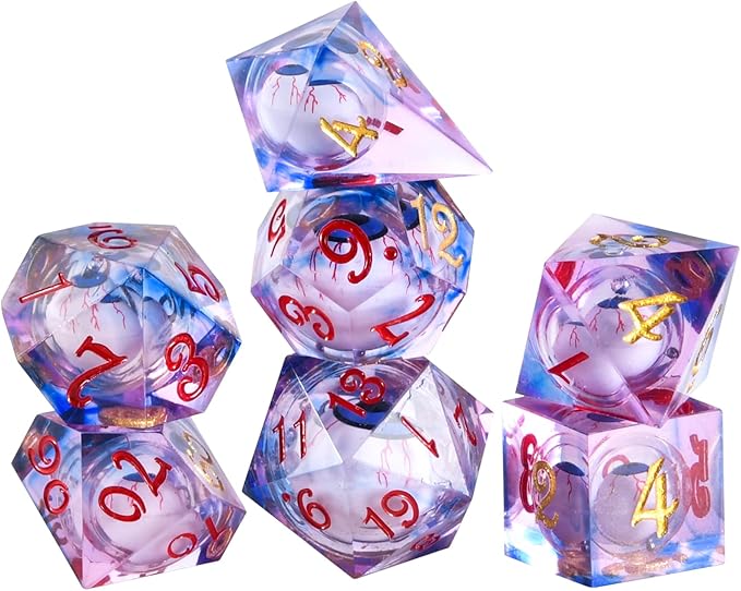 Evil Eye D20 Dices Moving Eyes Dice DND Dice Set with Moving Eye Inside Sharp Corners Dices Dungeons and Dragons Polyhedral Role Playing Gaming Dices D20 Dice 7 Set Halloween Dices Red