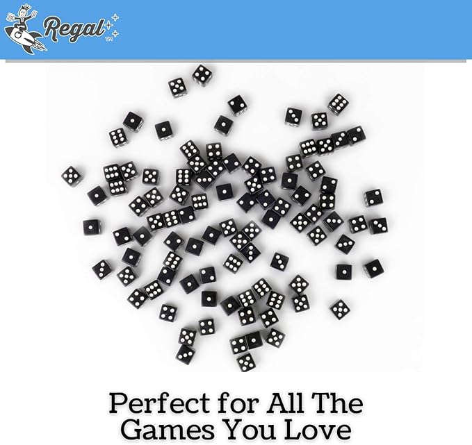 Regal Games 6 Sided Square Dice - Black, 16mm, 50 Piece Set for Family Game Night