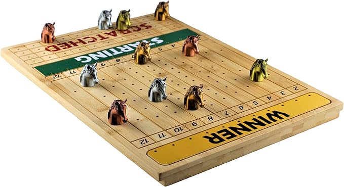 Metal Horse Race Board Game Set with Horse Racing Thick & Solid Wood Game Board(16”/Natural),11 Luxurious with 4Antique(Gold,Silver,Red Cooper&Bronze) Metal Craft Horses, Dice&Cards (HR-M554)