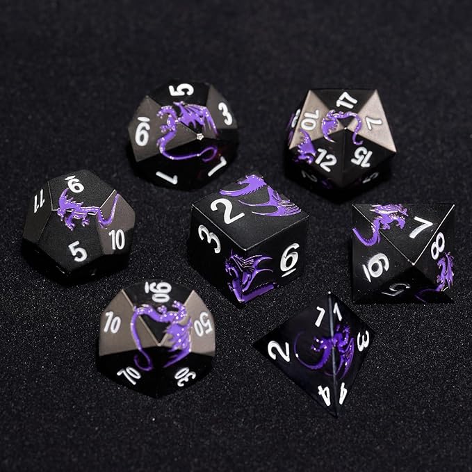Metal Dice Set D&D, HNCCESG Polyhedral Dice 7 Piece Dice Dragon Metallic DND Dice Set for Dungeons and Dragon RPG Tabletop Game(Black Purple Dragon)