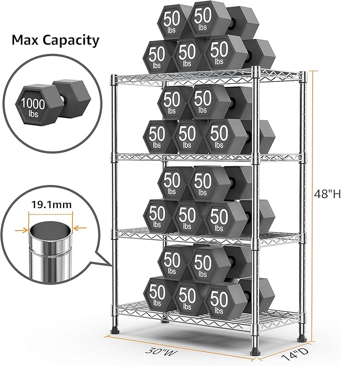 1000 lbs Storage Shelving Steel Heavy Duty 4-Tier Utility Shelving Unit Steel Organizer Wire Rack for Home,Kitchen,Office,Chrome (13.7" D x 29.5" W x 47.2" H)