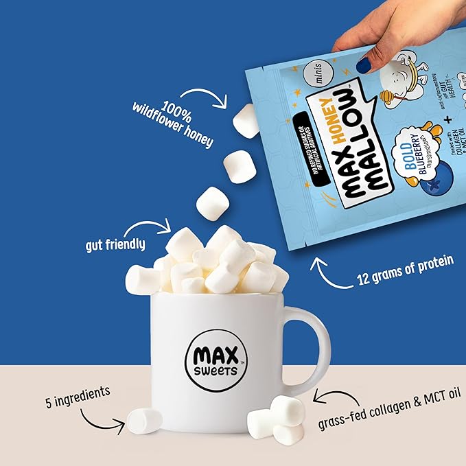 Max Mallow Bold Blueberry Mini HONEY Marshmallows – Gut Friendly, Gluten Free, No Refined Sugars, Real Wildflower Honey, Collagen-Infused Snack (6 Pack, Bold Blueberry)