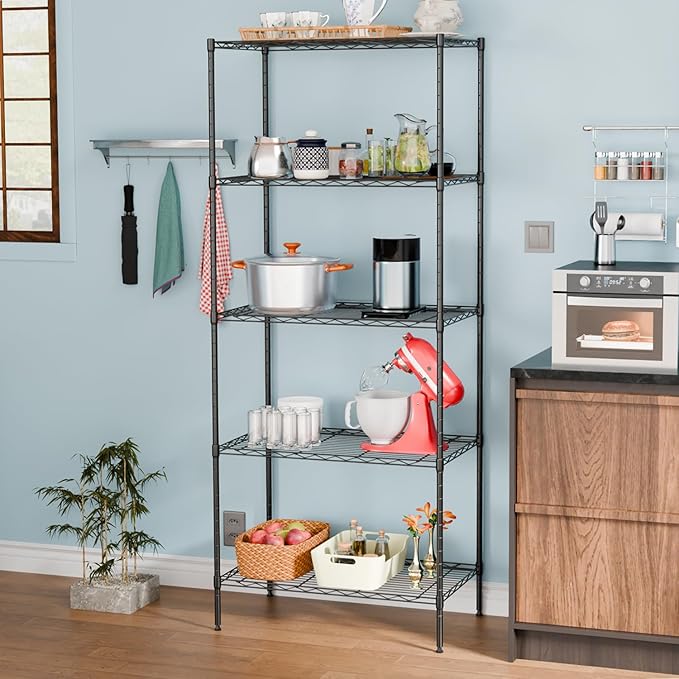 Large Wire Shelving Unit 5-Tier Metal Storage Shelves Heavy Duty Garage Shelving Adjustable Storage Shelf Rack with Leveling Feet for Home Kitchen Garage, 14" Dx23.8 Wx60 H, Black