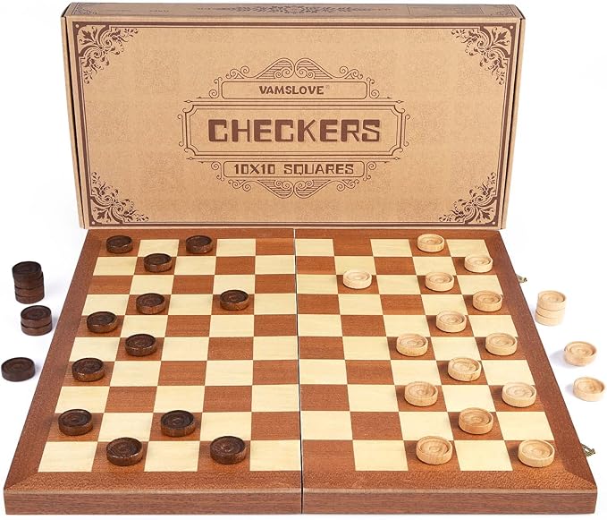 VAMSLOVE 15inch Checkers Folding Wooden Game Set, 100 Square Checkerboard International Checkers Draughts Board 10x10 for Kids with Pieces Storage Slots (Instructions Included)