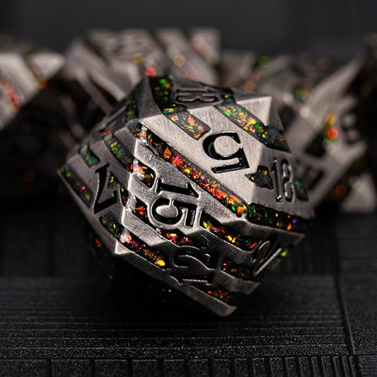 Anitque Metal Dice D&D,Metal Glitter Stripe Dice 7pcs Set with Gift Case,Polyhedral Dice for Role Playing Game (Antique Nickel Red)