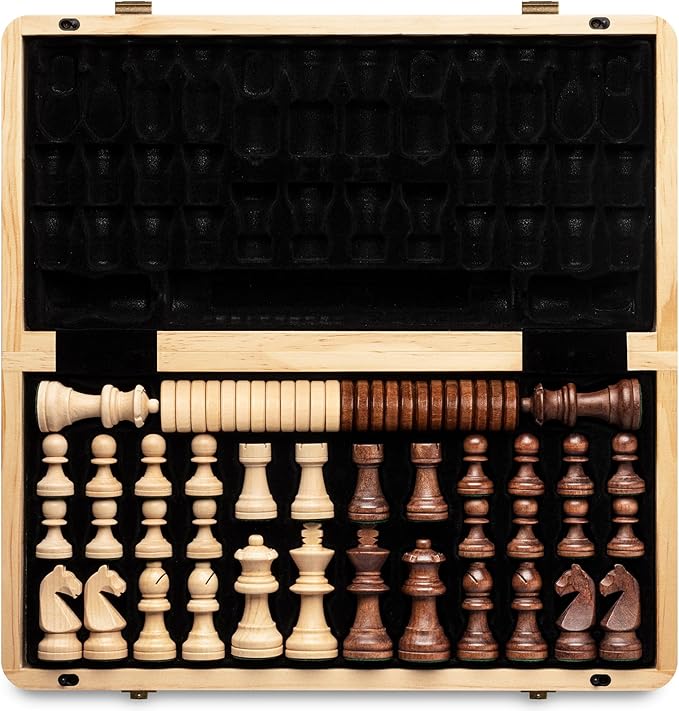 A&A 15" Magnetic Wooden Chess Set/Folding Board / 3" King Height German Knight Staunton Chess Pieces/Mahogany & Maple Inlaid /2 Extra Queen