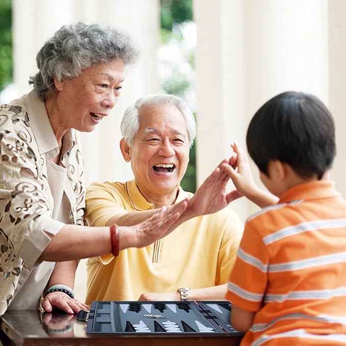 Backgammon Set - Classic Board Game with Premium Leather Case - Portable Travel Strategy Backgammon Game Set for Adults, Kids - Suitable as (15inch, Gray)