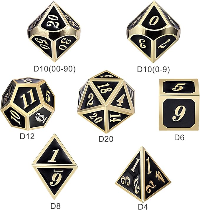 DNDND Metal Dice Set D&D, 7 die Metallic Polyhedral Dice Set with Gift Metal Box and Gold Number for DND Dungeons and Dragons Role Playing Games (Black and Gold)