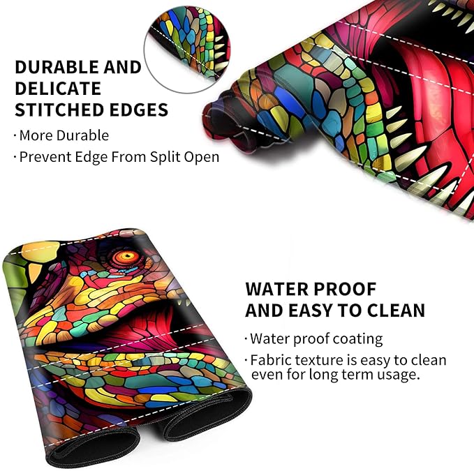 Playmat with Zones for MTG Card Game Playing, Tabletop Magic Play Mat 24"x14" Commander Deck Gaming Desk Duel Mat for Beginner, Stained Glass Retro T-Rex