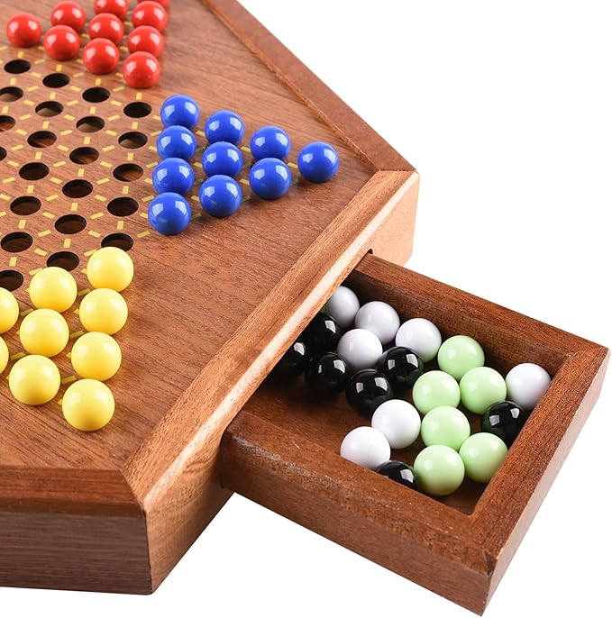 Wooden Chinese Checkers with Drawers 12 Bonus Spare Marbles| Natural Wooden Board Game| Includes 60 Colorful Acrylic Marbles | Family Board Game for Kids and Adults(12.7 Inches)