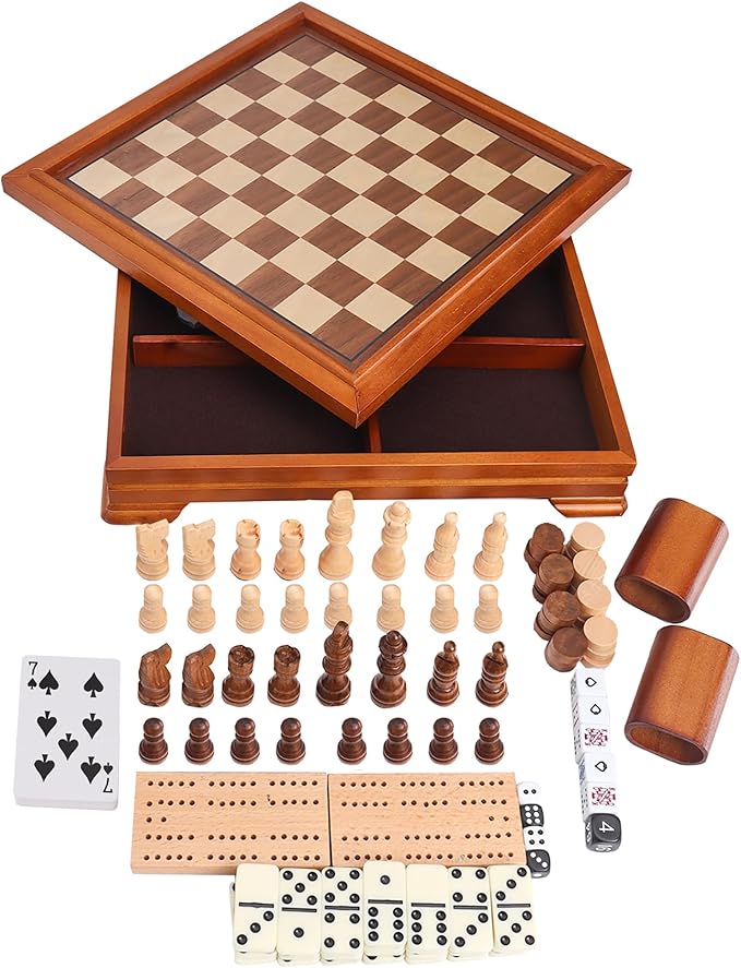 GSE Games & Sports Expert Wooden 7-in-1 Chess, Checkers, Backgammon, Dominoes, Cribbage Board, Playing Card & Poker Dice Game Combo Set (Deluxe)