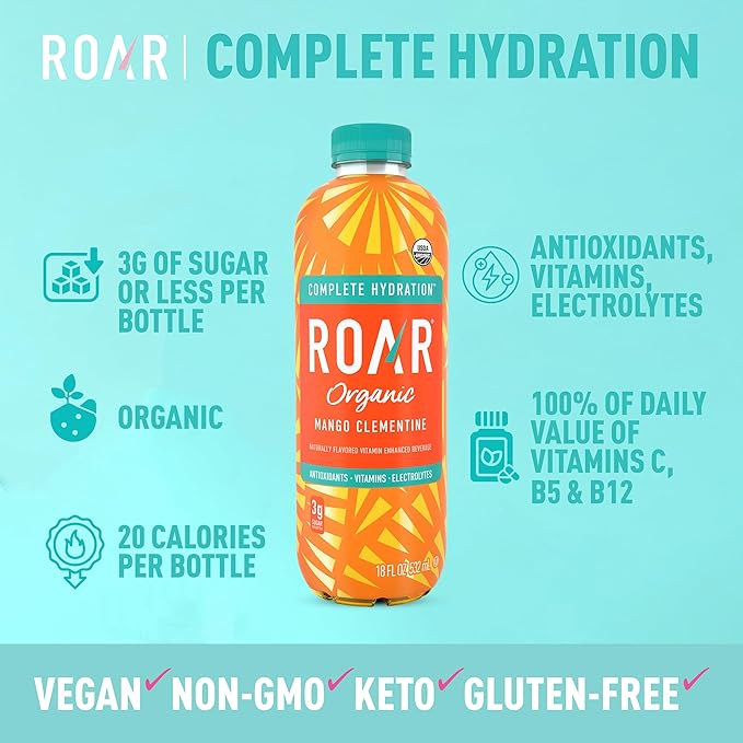 Roar Organic Electrolyte Infusions - USDA Organic - Mango Clementine - with Antioxidants, B Vitamins, Low-Calorie, Low-Sugar, Low-Carb, Coconut Water Infused Beverage 18 Fl Oz (Pack of 12)