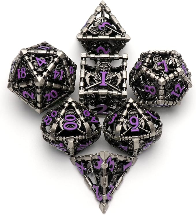 Hollow Grim Reaper Metal Polyhedral Dice Set - Purple Numbered D&D, Pathfinder, Warhammer, Shadowrun Gaming Dice
