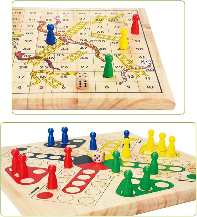 Wooden Classic 2 in 1 Snakes and Ladders Board Game for Kids 12 Inch Ludo Chutes and Ladders Board Game Classic Family Game Set for Toddlers