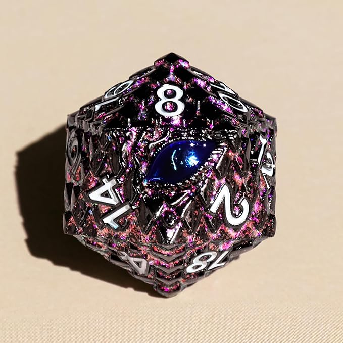 Metal Dice Set D&D,7 PCS Dragon Scale Metallic DND Dice Set,Dragon Eye Metal Dice with Grogeous Gift Case for Dungeons and Dragon Tabletop Game (Glitter Purple Dragon Scale & Blue Eye)