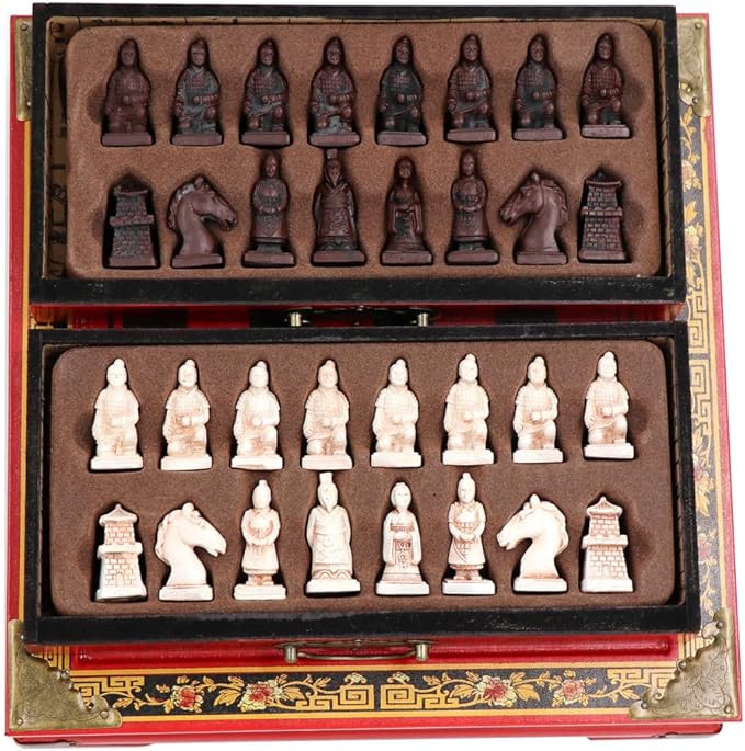 Retro Terracotta Warriors Chess Set for Kids and Adults Classic Family Board Game with Folding Wooden Chessboard 3D Resin Chess Pieces and Storage Slots (10.23×10.23 inch)
