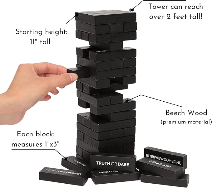 Adult Drinking Game - 54 Blocks with Hilarious Drinking Commands on 40 of Them | Perfect Party Starter | Entertaining Party Game for Adults | Novelty Funny Gift (Black)