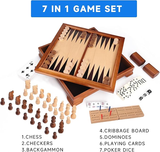 GSE Games & Sports Expert Wooden 7-in-1 Chess, Checkers, Backgammon, Dominoes, Cribbage Board, Playing Card & Poker Dice Game Combo Set (Deluxe)
